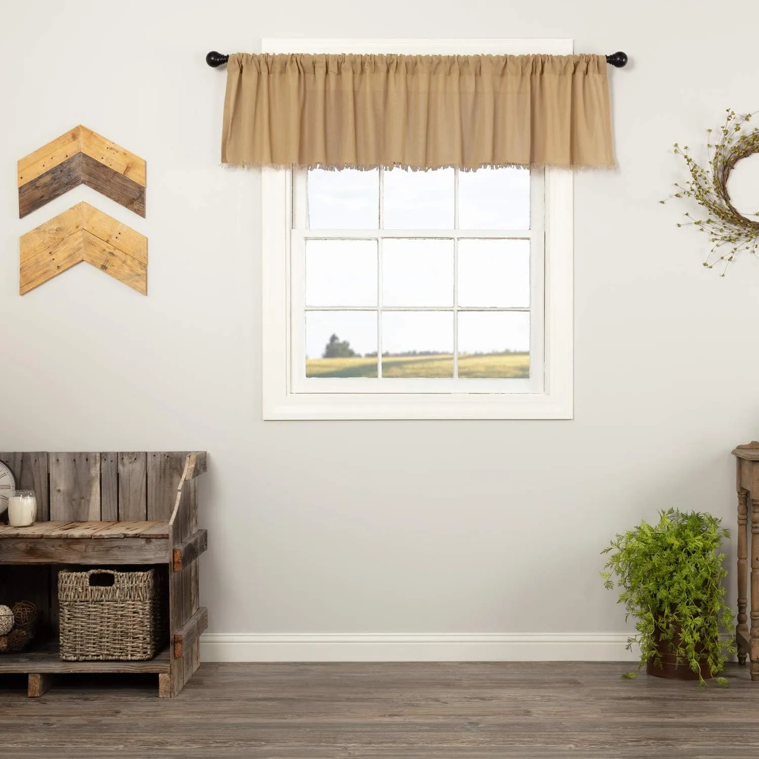 VHC Brands Tobacco Cloth Khaki Valance Fringed 16x90