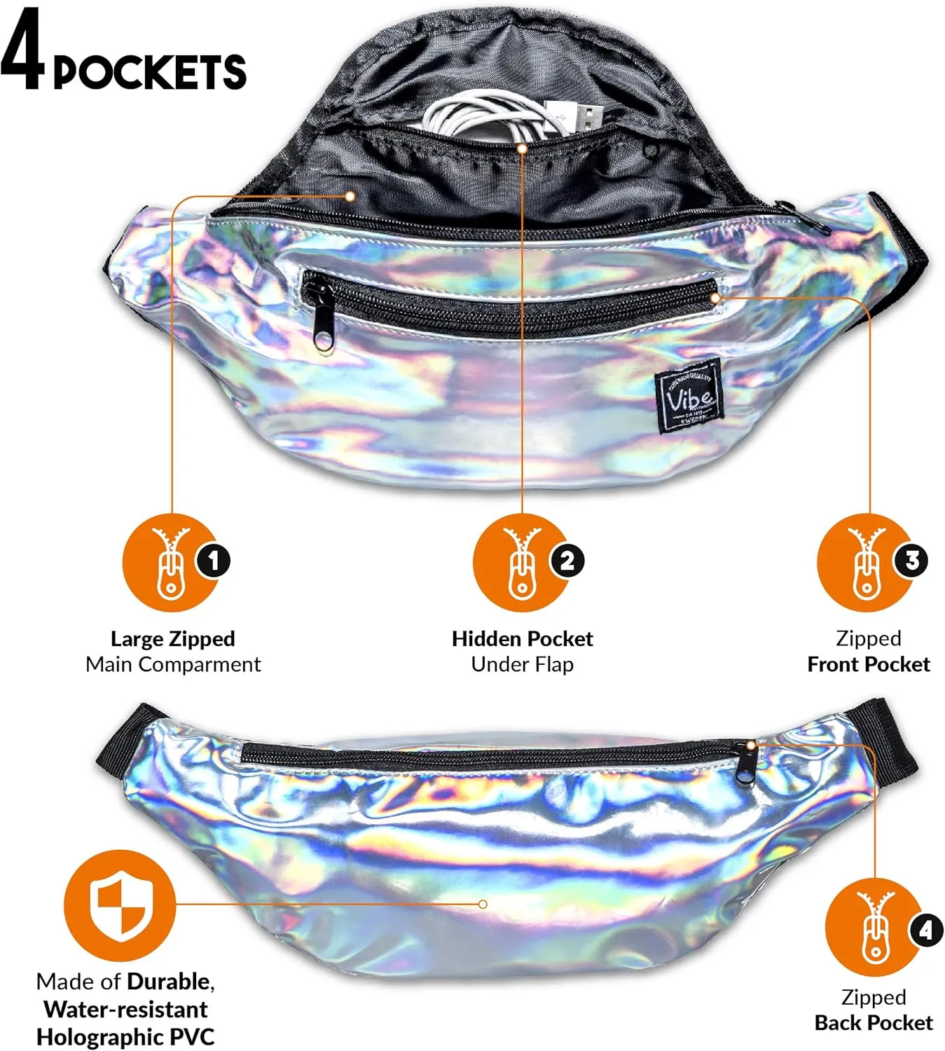 Vibe Festival Gear Fanny Pack for Men Women - Many Prints - Black Holographic Silver Gold Cute Waist Bag for Festival Rave Hiking Running Cycling