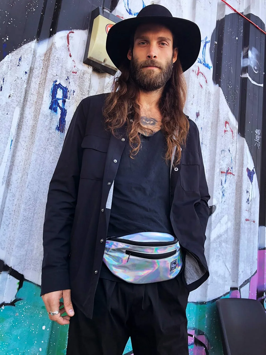 Vibe Festival Gear Fanny Pack for Men Women - Many Prints - Black Holographic Silver Gold Cute Waist Bag for Festival Rave Hiking Running Cycling