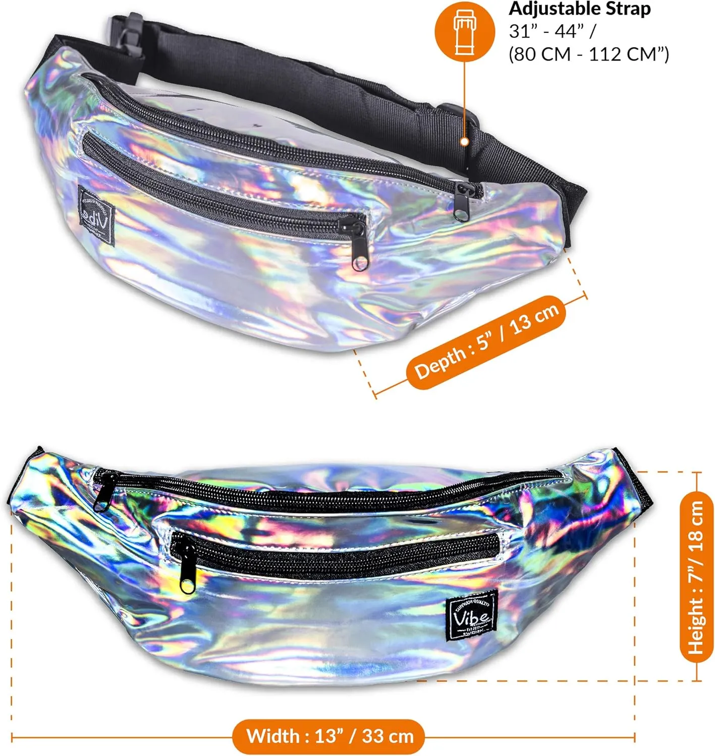 Vibe Festival Gear Fanny Pack for Men Women - Many Prints - Black Holographic Silver Gold Cute Waist Bag for Festival Rave Hiking Running Cycling