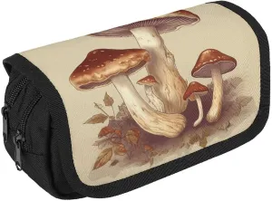 Vintage Edible Mushrooms Pencil Case Double Layer Pencil Pouch Large Capacity Pencil Bag Double Zipper Portable Pen Case Makeup Bag for Men Women Travel Business Office