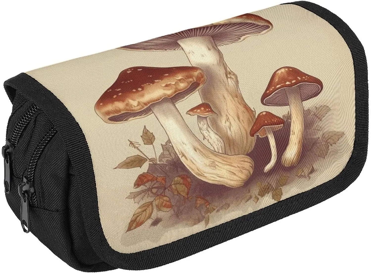 Vintage Edible Mushrooms Pencil Case Double Layer Pencil Pouch Large Capacity Pencil Bag Double Zipper Portable Pen Case Makeup Bag for Men Women Travel Business Office