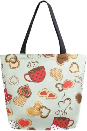 Vintage Heart Cookies Canvas Tote Bag Coffee Teacups Mom Dad Women Shoulder Bag Reusable Grocery Bags Large Handbag Travel Shopping Bag for School Nursing Gift Outdoors