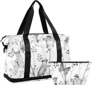 Vintage Nature Seamless Texture with Birds, Flowers Butterflies Gym Duffel Bag, Polyester Travel Weekender Luggage Handbag with Waterproof Pocket for Wet Items, Unisex Foldable Tote for Sports
