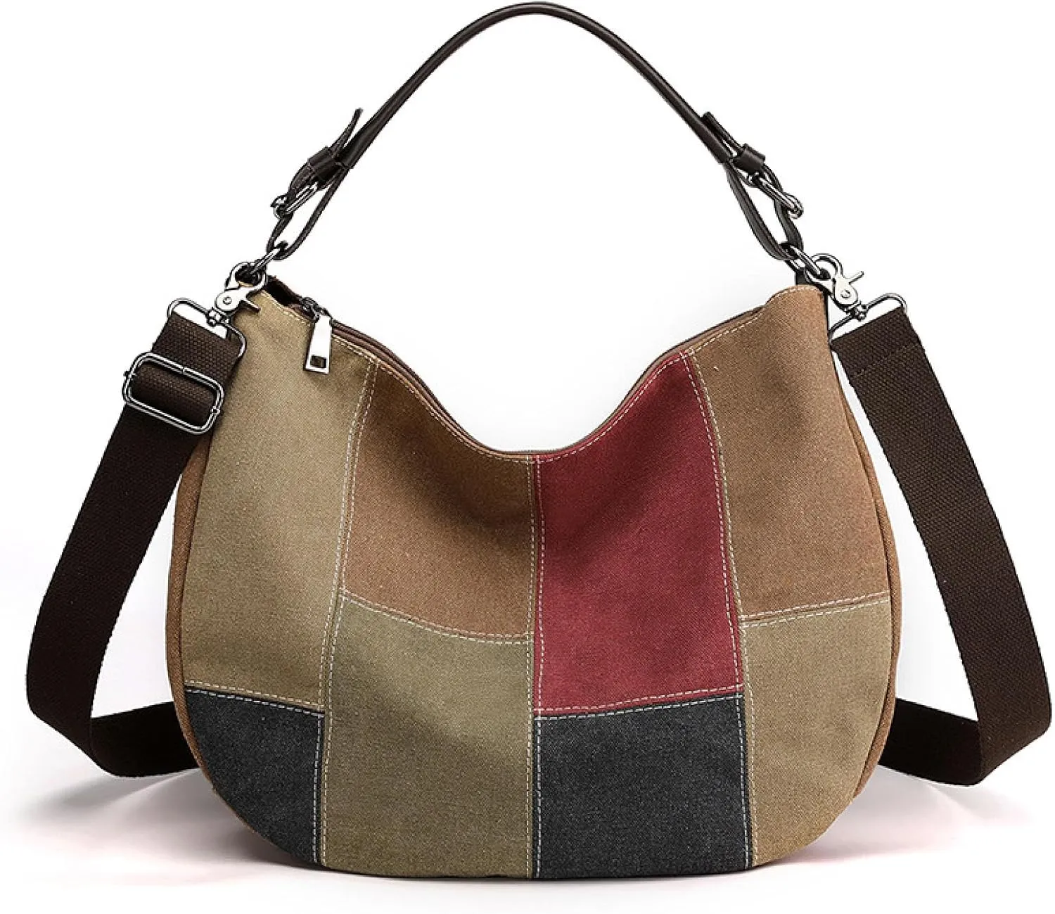 Vintage Panelled Hand-carried Cross-body Bag in Large-capacity Canvas in Contrasting Colour