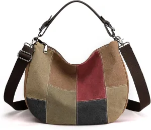 Vintage Panelled Hand-carried Cross-body Bag in Large-capacity Canvas in Contrasting Colour
