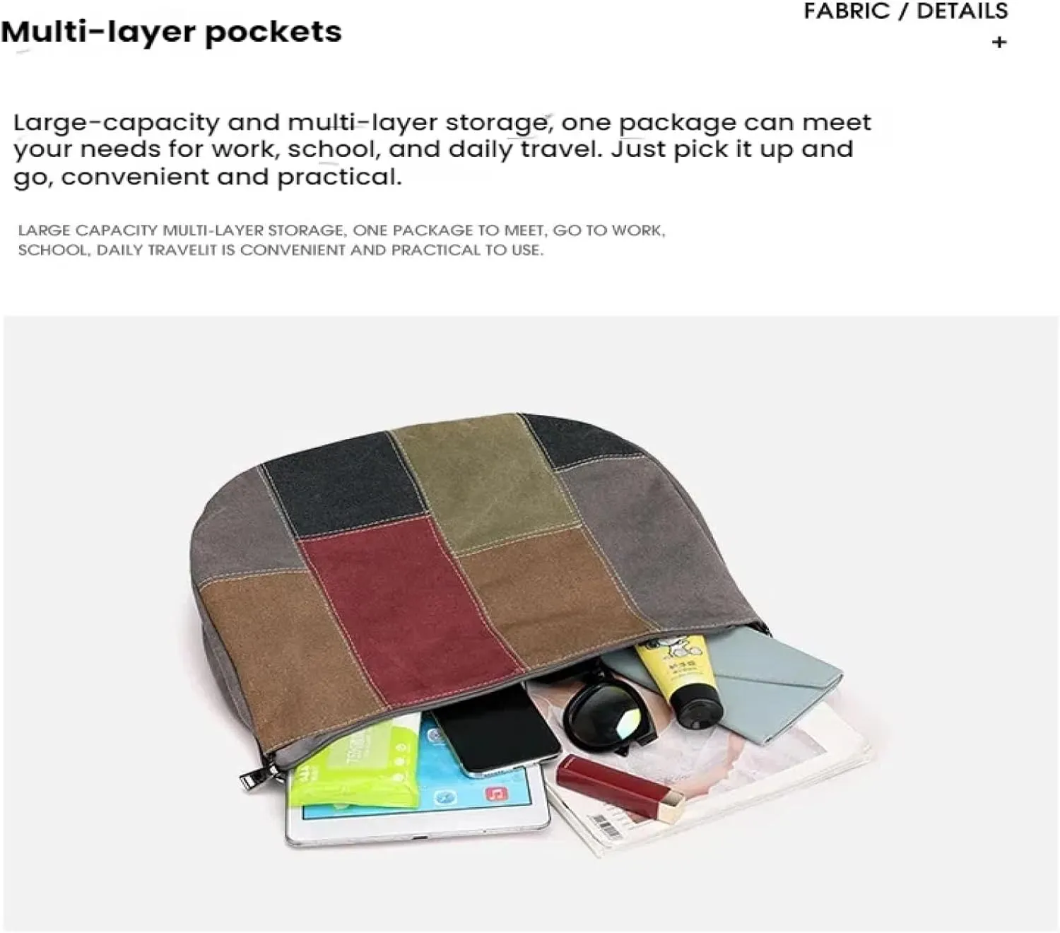 Vintage Panelled Hand-carried Cross-body Bag in Large-capacity Canvas in Contrasting Colour