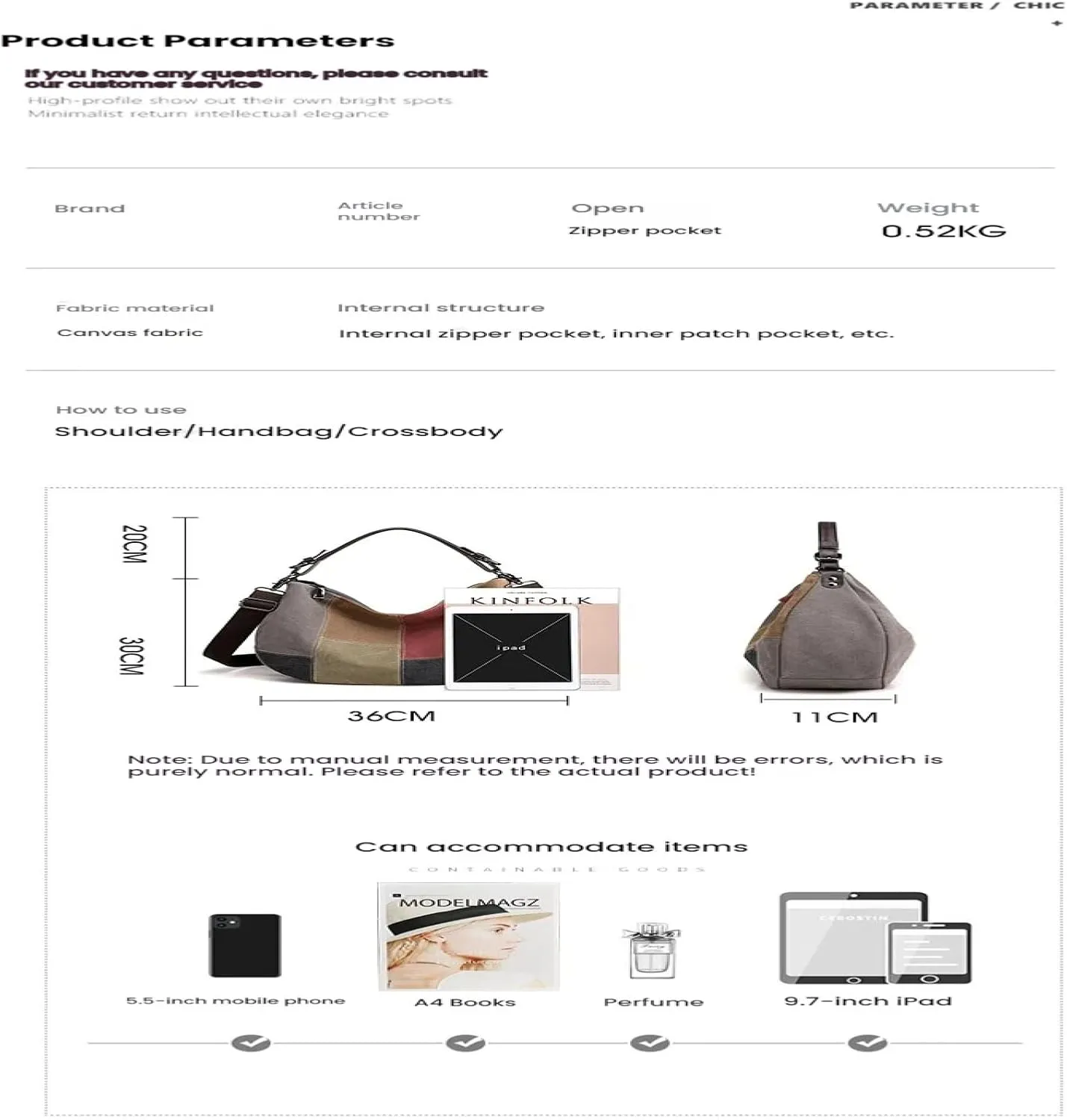 Vintage Panelled Hand-carried Cross-body Bag in Large-capacity Canvas in Contrasting Colour