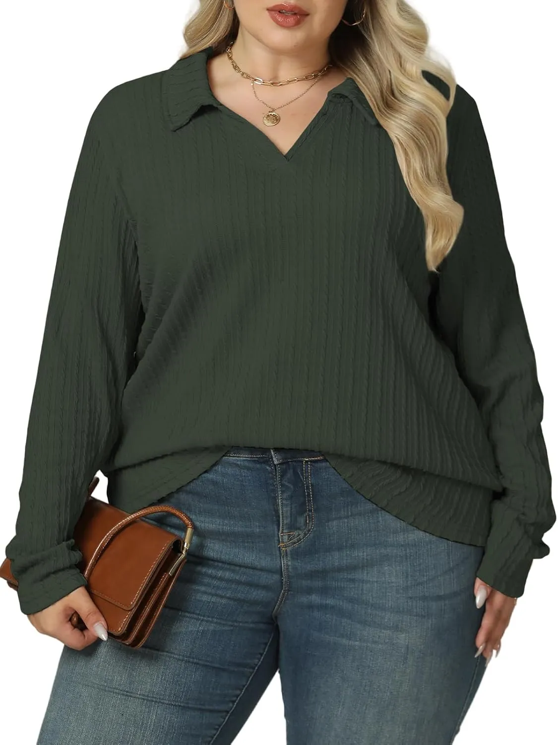 VISLILY Womens-Plus-Size-Tops-2025 Polo V Neck Shirts Lapel Collared Work Blouses Casual Long Sleeve Knit Tunics XL-5XL