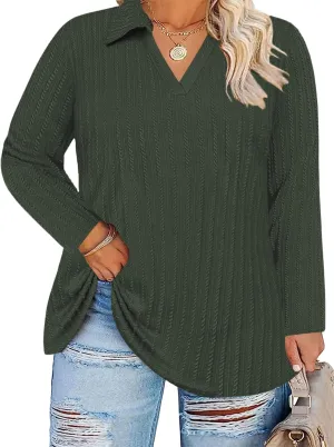 VISLILY Womens-Plus-Size-Tops-2025 Polo V Neck Shirts Lapel Collared Work Blouses Casual Long Sleeve Knit Tunics XL-5XL