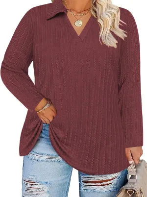 VISLILY Womens-Plus-Size-Tops-2025 Polo V Neck Shirts Lapel Collared Work Blouses Casual Long Sleeve Knit Tunics XL-5XL