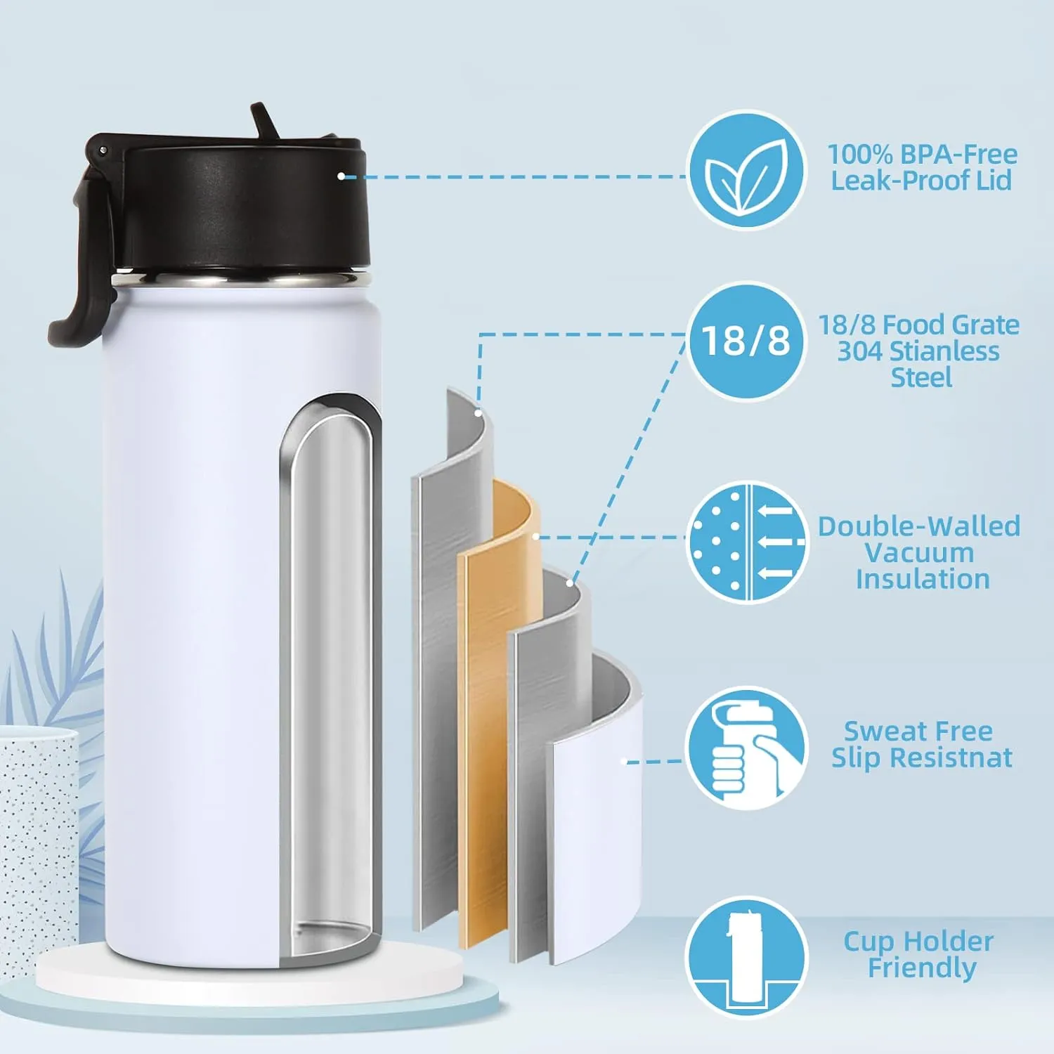 Volhoply 16 OZ Kids Water Bottle Bulk 8 Pack,Insulated Sports Bottles with Straw Lid,Stainless Steel Bottle with Handle Keep Cold & Hot,Double Wall Vacuum Tumbler Cups for School(Eight Color,Set of 8)