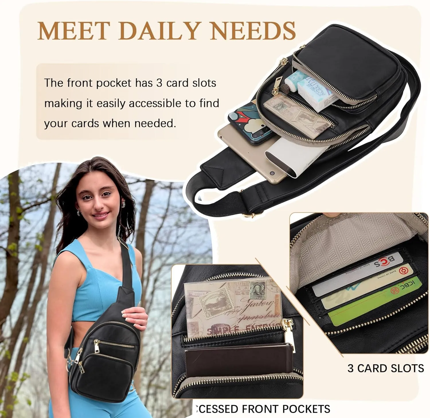 VX VONXURY Sling Bag for Women,PU Leather Crossbody Fanny Packs, Multipurpose Chest Bag with Adjustable Strap