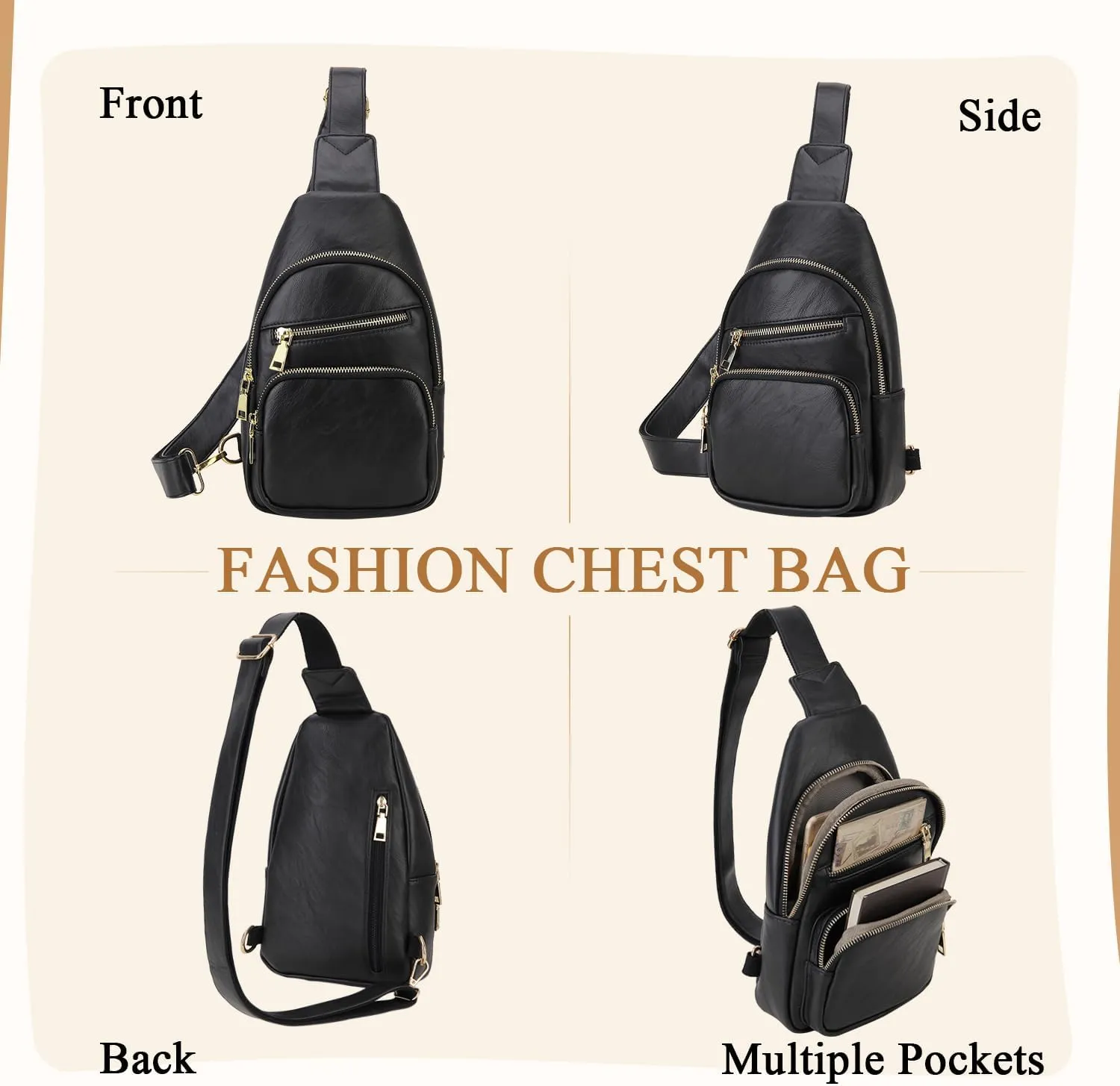 VX VONXURY Sling Bag for Women,PU Leather Crossbody Fanny Packs, Multipurpose Chest Bag with Adjustable Strap