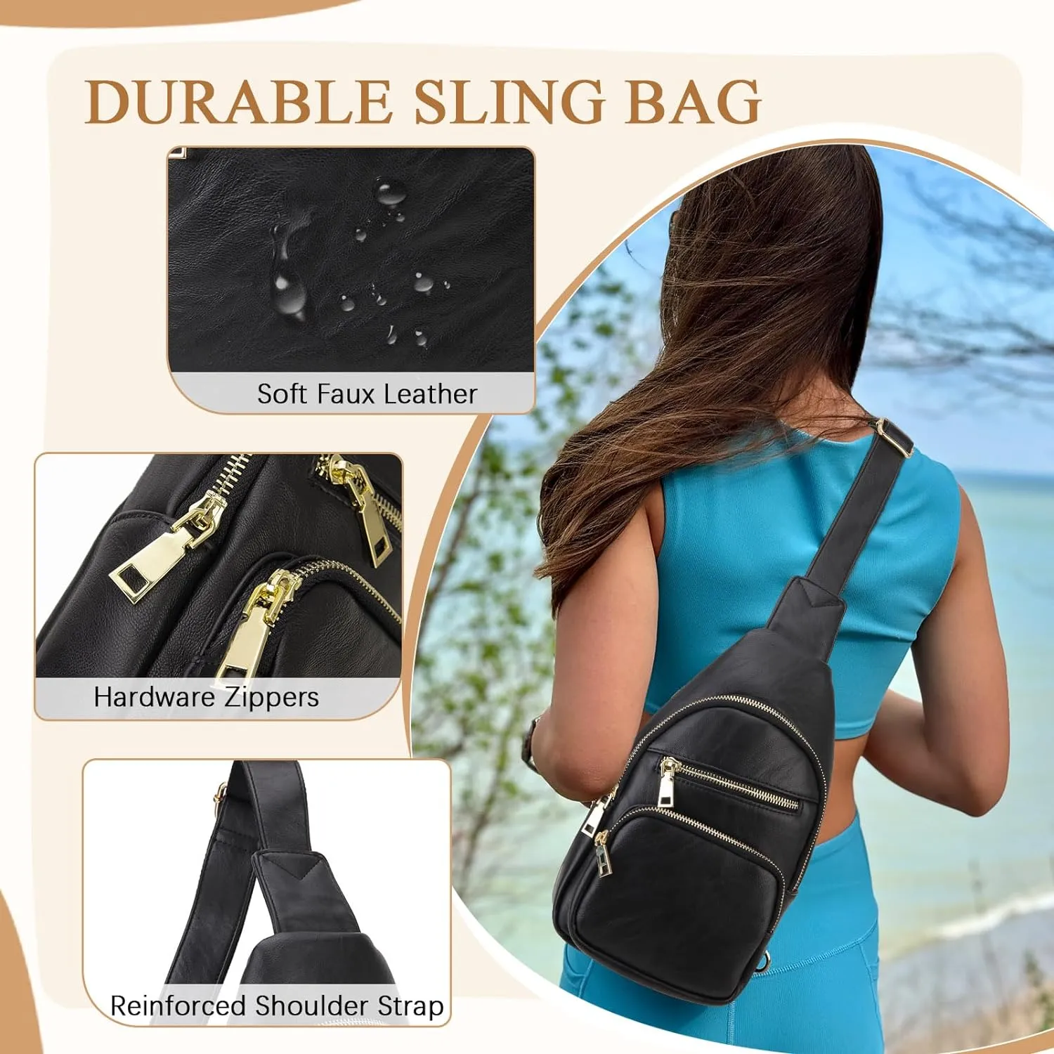 VX VONXURY Sling Bag for Women,PU Leather Crossbody Fanny Packs, Multipurpose Chest Bag with Adjustable Strap