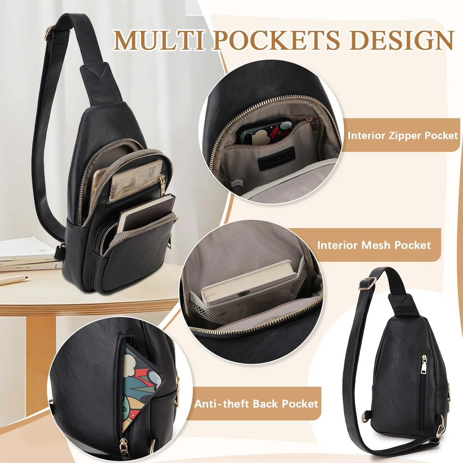 VX VONXURY Sling Bag for Women,PU Leather Crossbody Fanny Packs, Multipurpose Chest Bag with Adjustable Strap