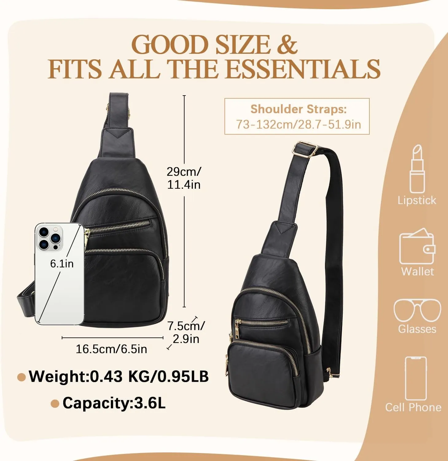 VX VONXURY Sling Bag for Women,PU Leather Crossbody Fanny Packs, Multipurpose Chest Bag with Adjustable Strap