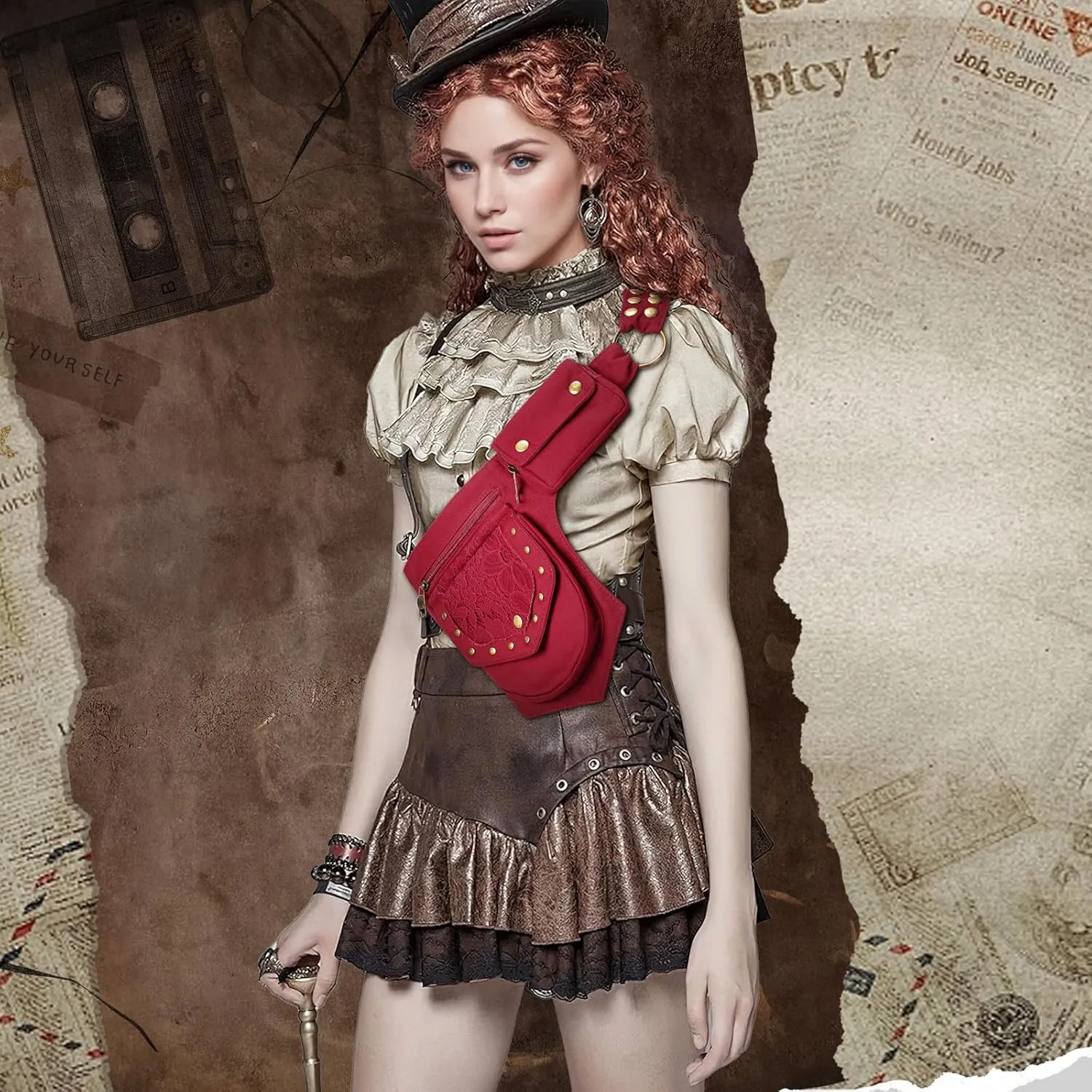 Waist Bag Pouch for Women Vintage Waist pack Hip Bag Fanny Bag Renaissance Faire Festival Chest Pack with Adjustable Belt Strap