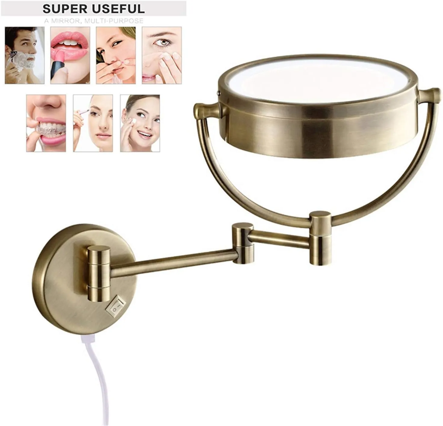 Wall-Mounted Makeup Mirror,8 inch Magnifying Double Sided Led Lighted Mirror,Bathroom Extendable 360°Swivel Shaving Cosmetic Vanity with Plug Switchd,10X/Brass/10*