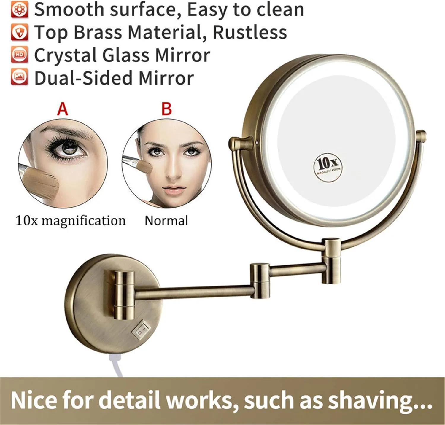 Wall-Mounted Makeup Mirror,8 inch Magnifying Double Sided Led Lighted Mirror,Bathroom Extendable 360°Swivel Shaving Cosmetic Vanity with Plug Switchd,10X/Brass/10*