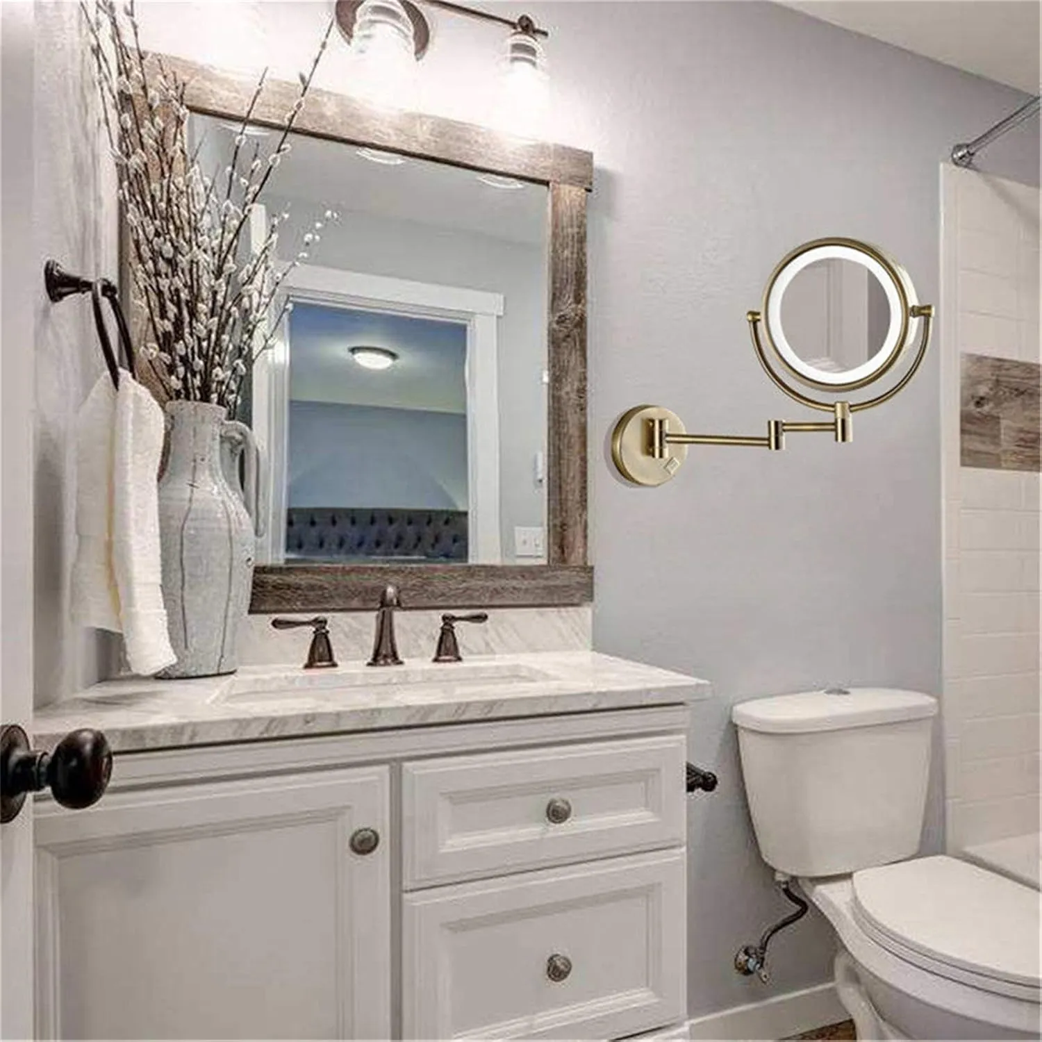 Wall-Mounted Makeup Mirror,8 inch Magnifying Double Sided Led Lighted Mirror,Bathroom Extendable 360°Swivel Shaving Cosmetic Vanity with Plug Switchd,10X/Brass/10*