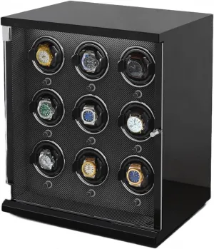 Watch Winder for 9 Automatic Watches with Ultra-Quiet Motors Wood Shell Piano Finish Flexible Watch Pillow Built-in LED Illumination (C A)
