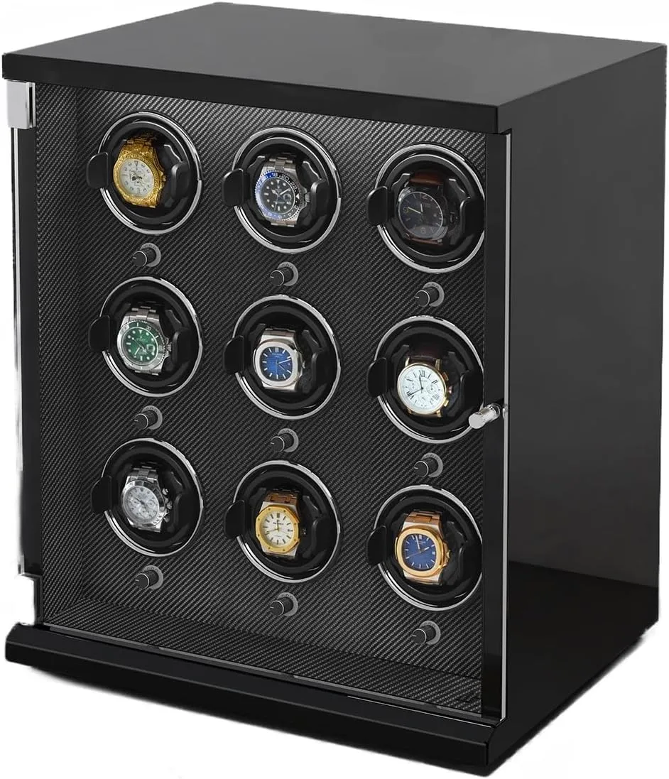 Watch Winder for 9 Automatic Watches with Ultra-Quiet Motors Wood Shell Piano Finish Flexible Watch Pillow Built-in LED Illumination (C A)