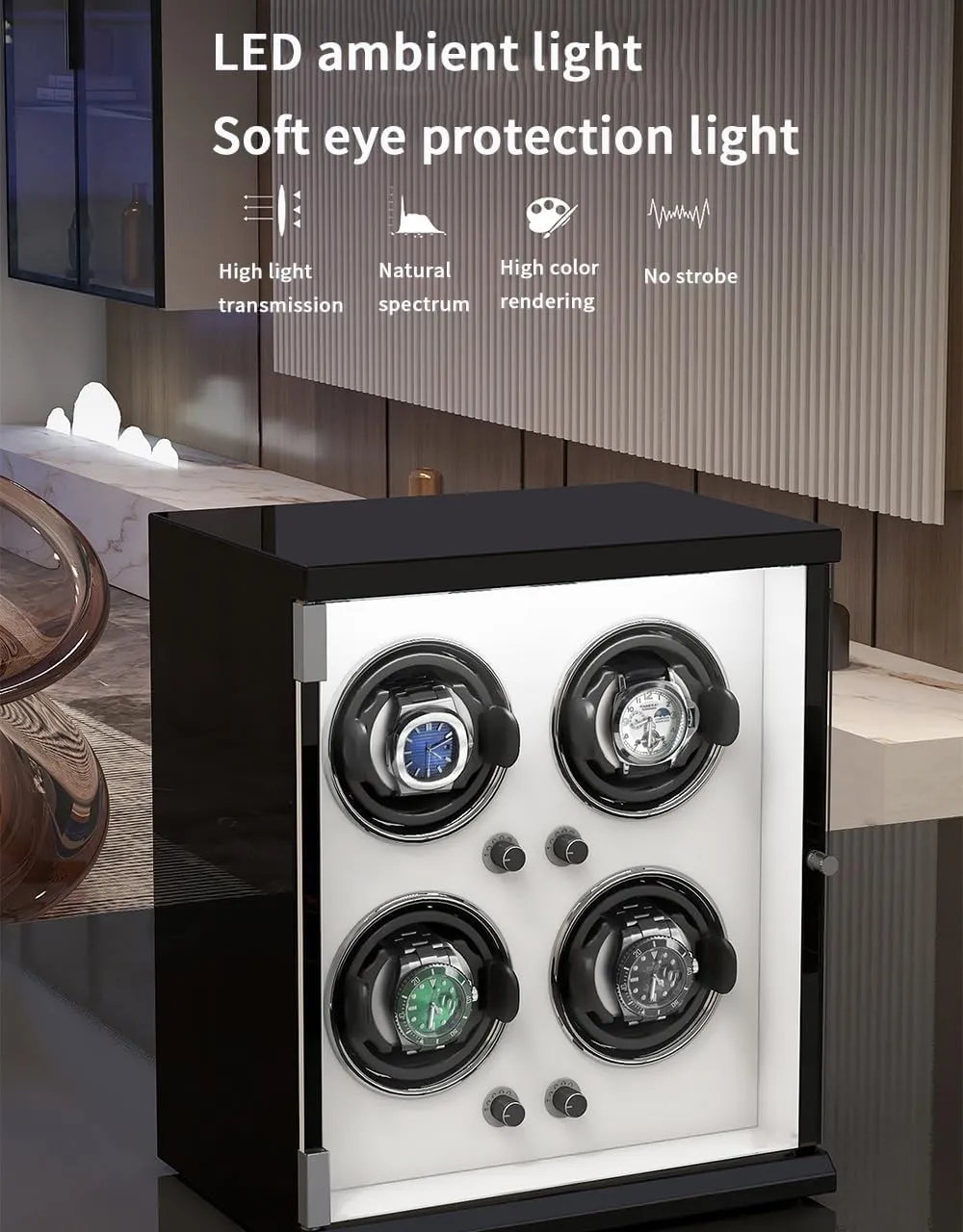 Watch Winder for 9 Automatic Watches with Ultra-Quiet Motors Wood Shell Piano Finish Flexible Watch Pillow Built-in LED Illumination