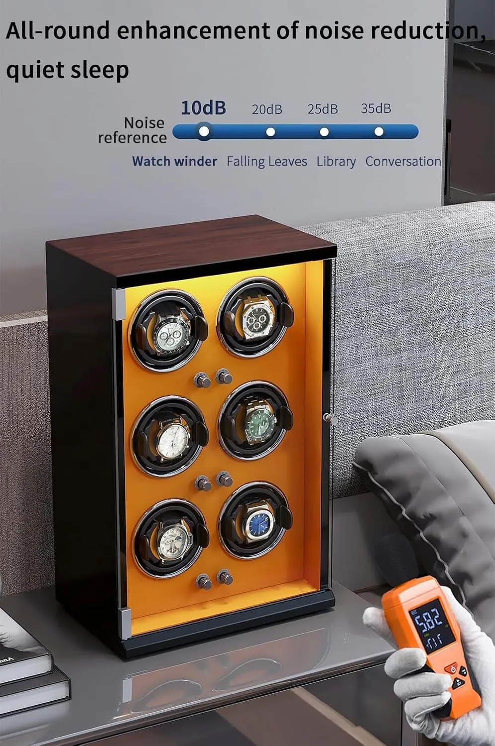 Watch Winder for 9 Automatic Watches with Ultra-Quiet Motors Wood Shell Piano Finish Flexible Watch Pillow Built-in LED Illumination