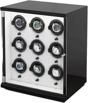 Watch Winder for 9 Automatic Watches with Ultra-Quiet Motors Wood Shell Piano Finish Flexible Watch Pillow Built-in LED Illumination