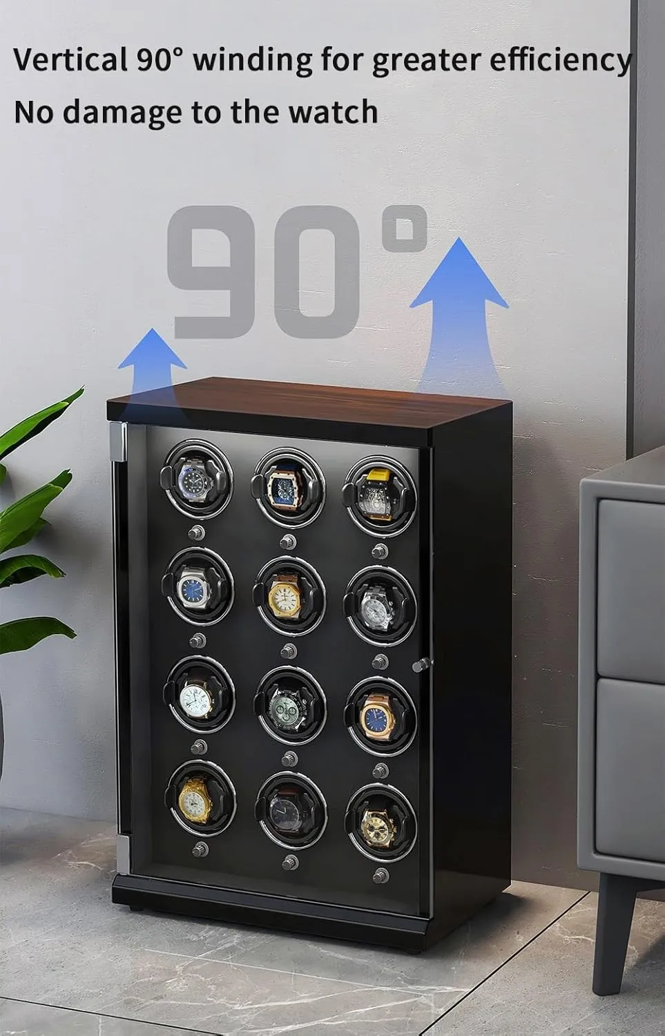 Watch Winder for 9 Automatic Watches with Ultra-Quiet Motors Wood Shell Piano Finish Flexible Watch Pillow Built-in LED Illumination