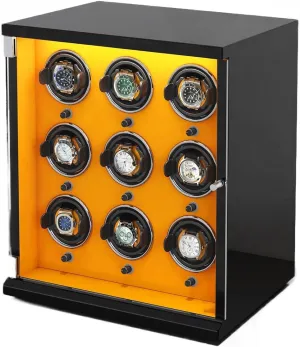 Watch Winder for 9 Automatic Watches with Ultra-Quiet Motors Wood Shell Piano Finish Flexible Watch Pillow Built-in LED Illumination