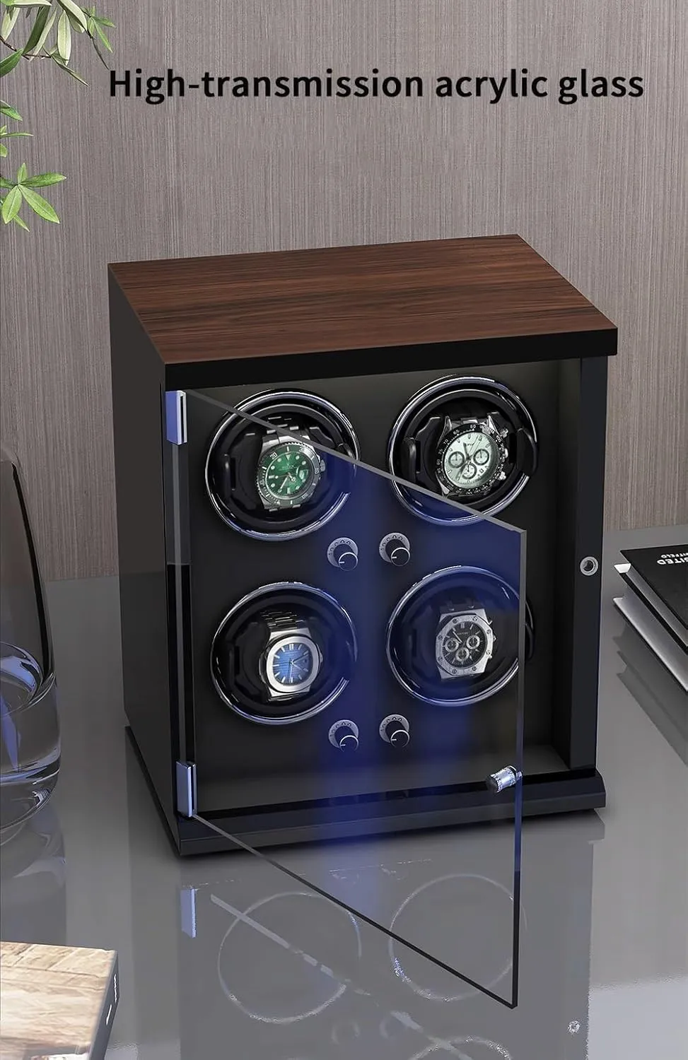 Watch Winder for 9 Automatic Watches with Ultra-Quiet Motors Wood Shell Piano Finish Flexible Watch Pillow Built-in LED Illumination