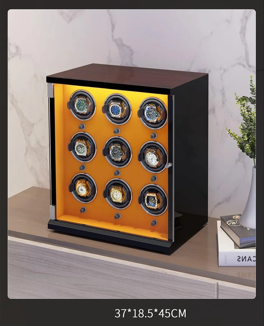 Watch Winder for 9 Automatic Watches with Ultra-Quiet Motors Wood Shell Piano Finish Flexible Watch Pillow Built-in LED Illumination