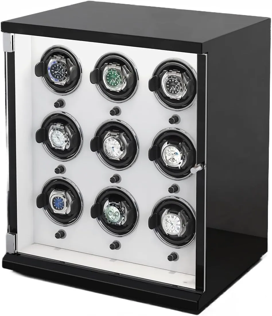 Watch Winder for 9 Automatic Watches with Ultra-Quiet Motors Wood Shell Piano Finish Flexible Watch Pillow Built-in LED Illumination