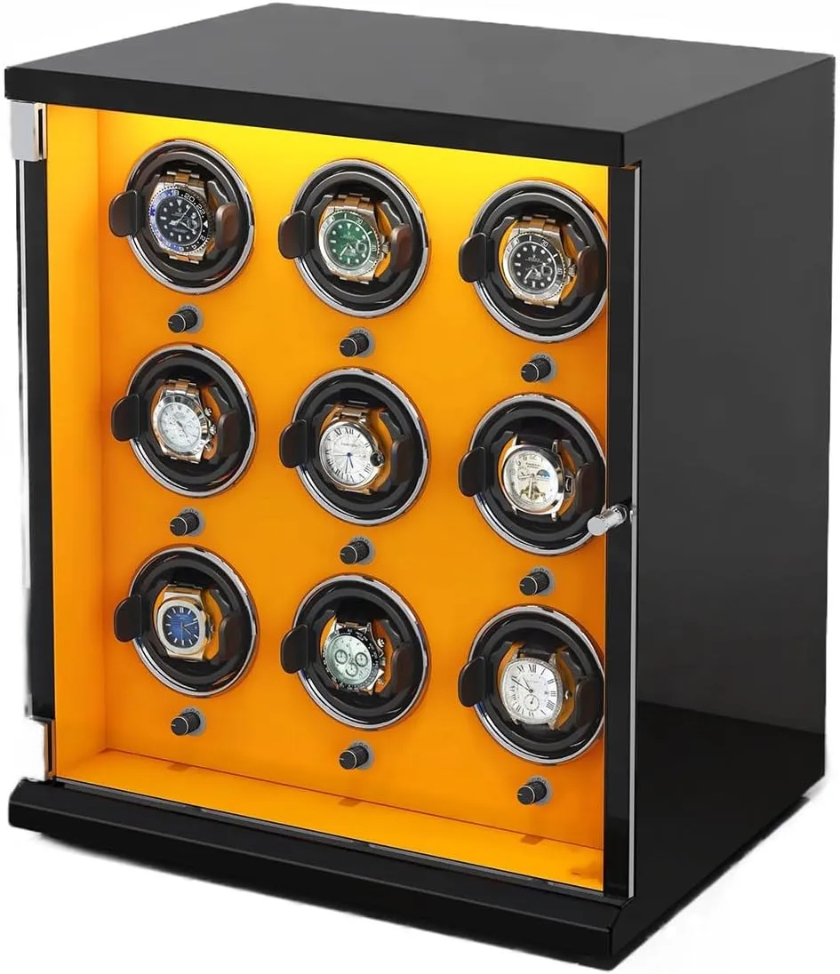 Watch Winder for 9 Automatic Watches with Ultra-Quiet Motors Wood Shell Piano Finish Flexible Watch Pillow Built-in LED Illumination