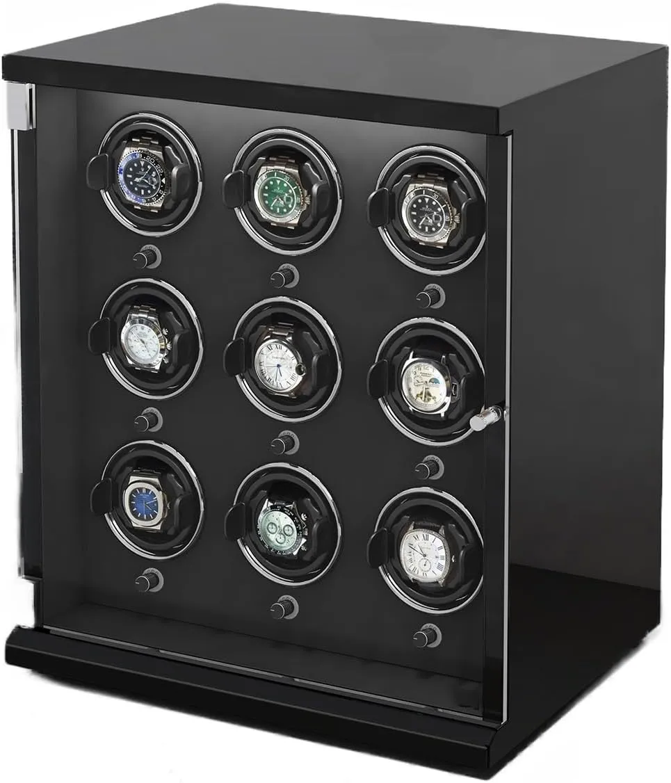 Watch Winder for 9 Automatic Watches with Ultra-Quiet Motors Wood Shell Piano Finish Flexible Watch Pillow Built-in LED Illumination