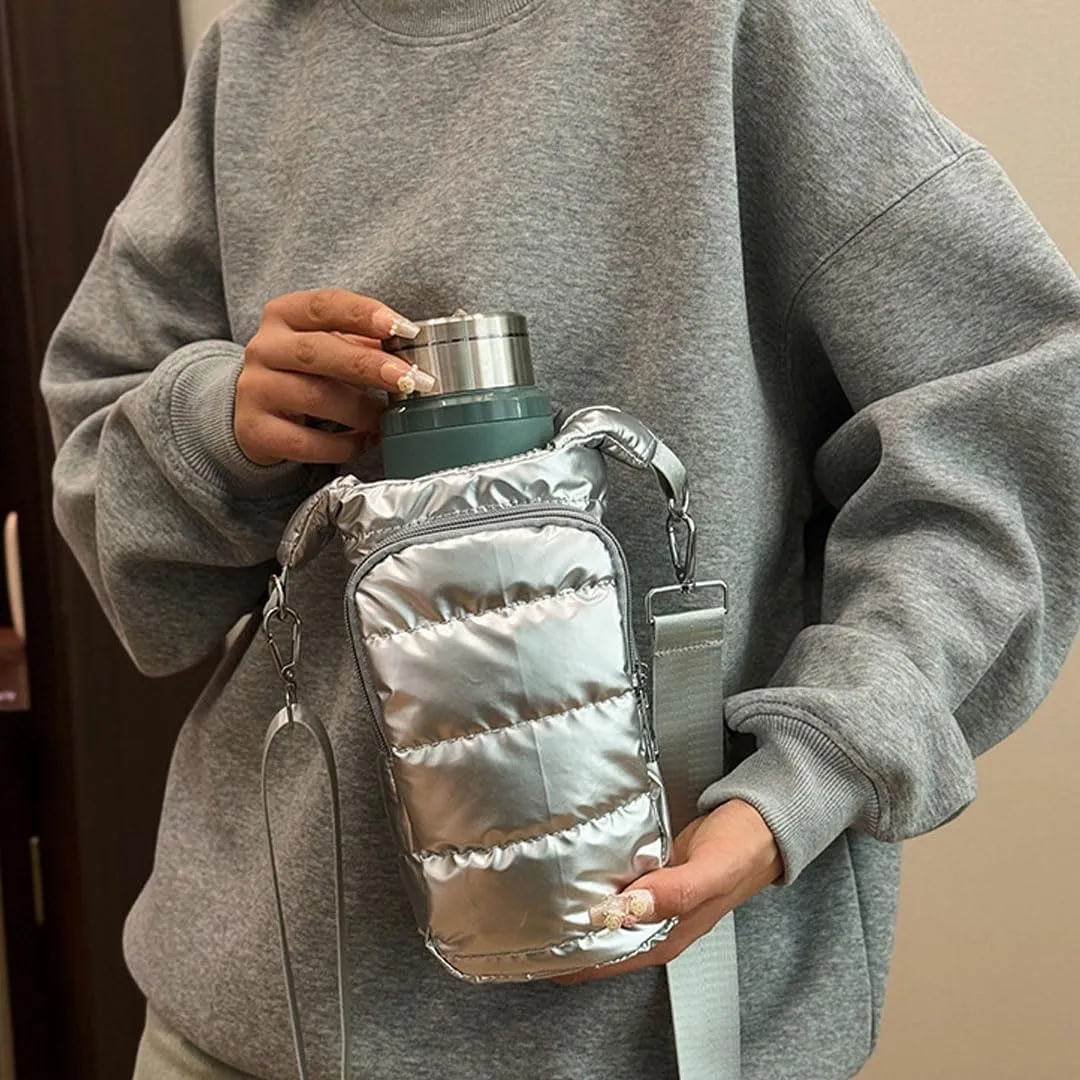 Water Bottle Carrier Bag with Phone Pocket Puffer Tote Bag Quilted Crossbody Shoulder Bag Water Bottle Holder with Strap