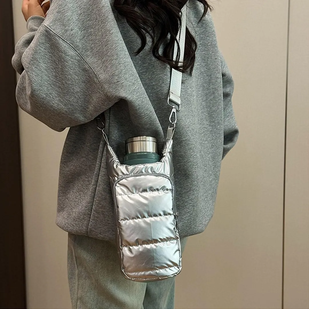 Water Bottle Carrier Bag with Phone Pocket Puffer Tote Bag Quilted Crossbody Shoulder Bag Water Bottle Holder with Strap