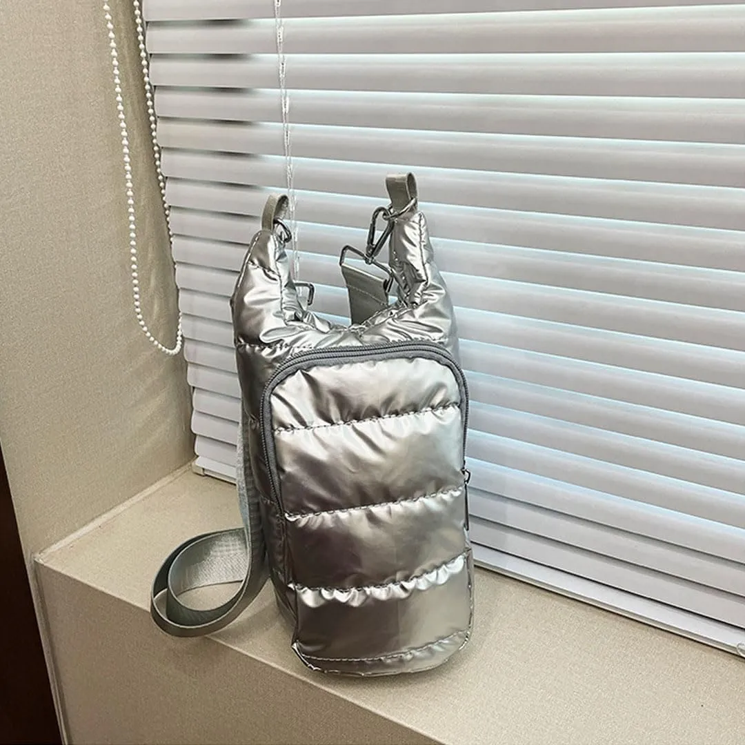Water Bottle Carrier Bag with Phone Pocket Puffer Tote Bag Quilted Crossbody Shoulder Bag Water Bottle Holder with Strap