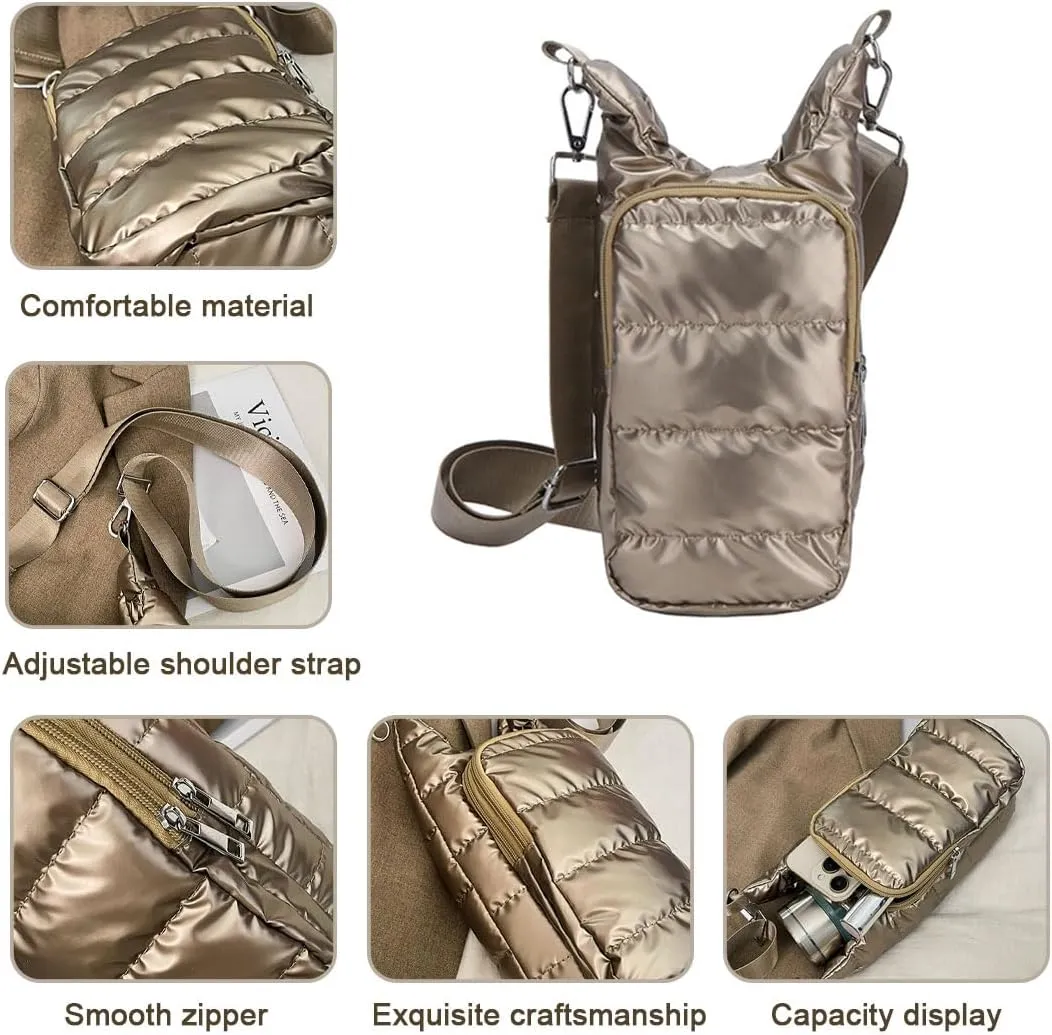 Water Bottle Carrier Bag with Phone Pocket Puffer Tote Bag Quilted Crossbody Shoulder Bag Water Bottle Holder with Strap