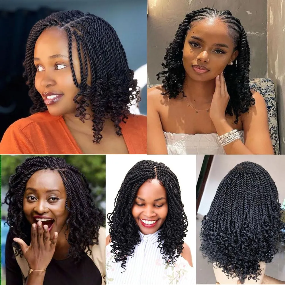 Wavy Senegalese Twist Crochet Hair 12 Inch Crochet Hairs for Black Women Pre-twisted Kids Crochet Hair 6 Packs Braids Wavy Ends Synthetic Hair Extension(1B#, 12 Inch）