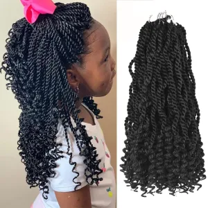 Wavy Senegalese Twist Crochet Hair 12 Inch Crochet Hairs for Black Women Pre-twisted Kids Crochet Hair 6 Packs Braids Wavy Ends Synthetic Hair Extension(1B#, 12 Inch）