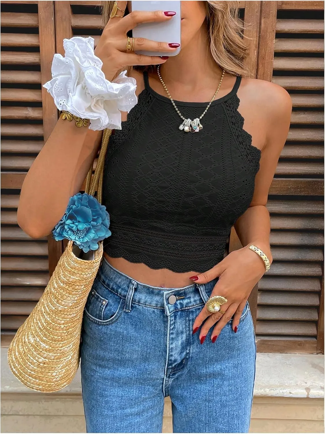 WDIRARA Women's Eyelet Halter Crop Top Lace Embroidery Slim Fitted Tops