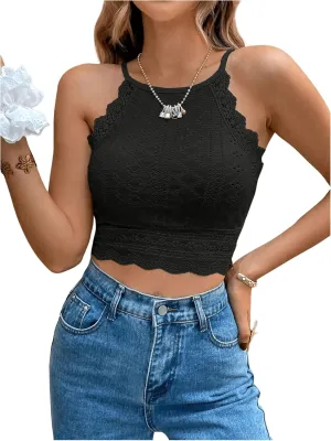 WDIRARA Women's Eyelet Halter Crop Top Lace Embroidery Slim Fitted Tops