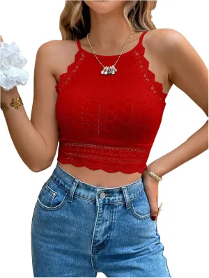 WDIRARA Women's Eyelet Halter Crop Top Lace Embroidery Slim Fitted Tops