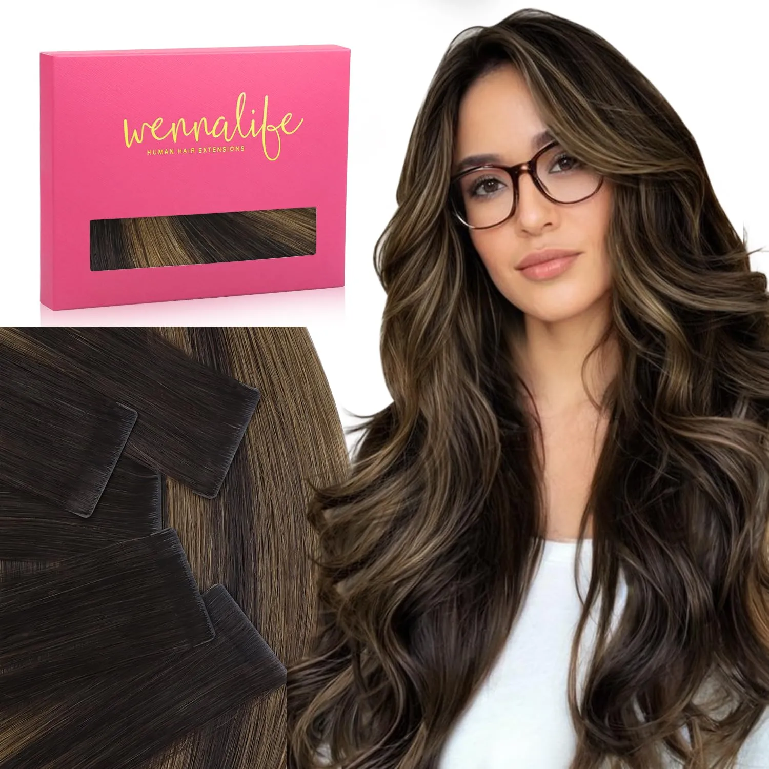 WENNALIFE Invisi Edge Tape in Hair Extensions Human Hair, 14 Inch 25g 10pcs Balayage Dark Brown Mixed Chestnut Brown Invisible Luxury Remy Hair Extensions Seamless Injected Straight Extensiones