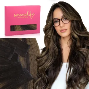 WENNALIFE Invisi Edge Tape in Hair Extensions Human Hair, 16 Inch 25g 10pcs Balayage Dark Brown Mixed Chestnut Brown Invisible Luxury Remy Hair Extensions Seamless Injected Straight Extensiones