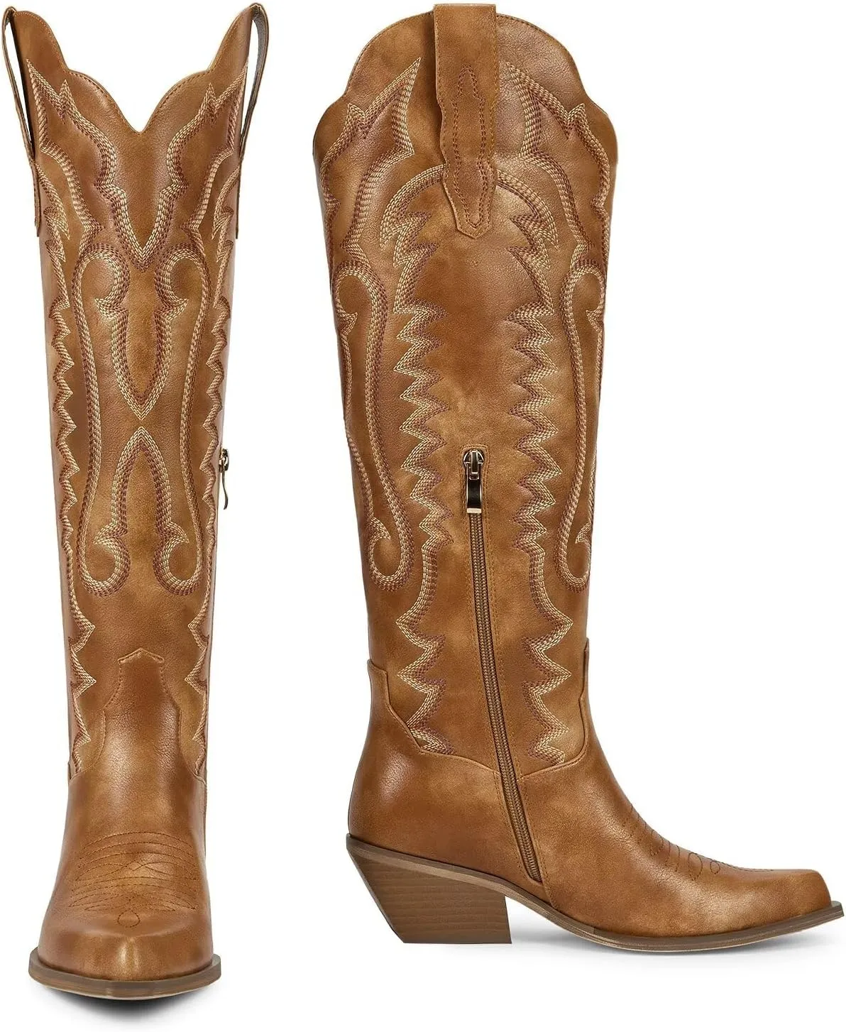 wetkiss Embroidery Cowboy Boots for Women with Zipper Pointed Toe Chunky Low Heel Cowgirl Boots