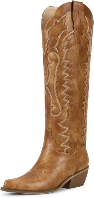 wetkiss Embroidery Cowboy Boots for Women with Zipper Pointed Toe Chunky Low Heel Cowgirl Boots